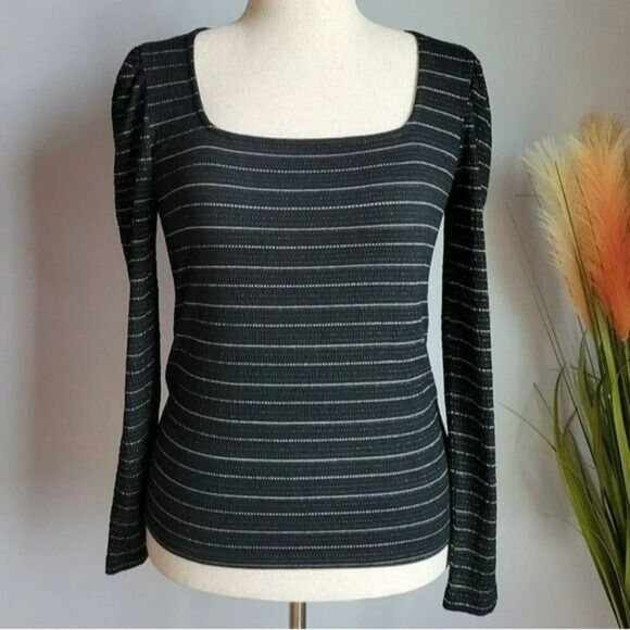 LOFT, New, Black Sparkle Puff Sleeve Square Neck Stretch Knit Top Size Medium - Picture 12 of 12